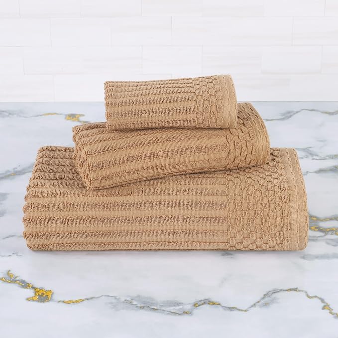 Superior 3 Piece Cotton Towel Set, Includes 1 Bath Towel, 1 Hand Towel, 1 Face Towel/Washcloth, Daily Use for Bathroom, Guest Bath, Quick Dry, Ribbed, Absorbent, Essentials, Soho Collection, Coffee