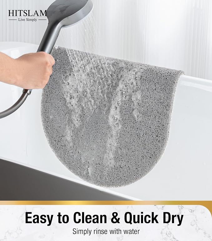 HITSLAM Oval Loofah Shower Mat Non Slip, 27x16 Inch, Grey | Bath Mat for Textured Tub & Inside Shower Stall, No Suction Cups Quick Drying PVC Porous Floor Mat, Soft Foot Exfoliating