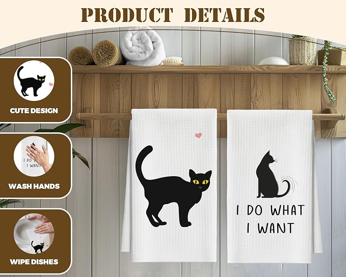 Kitchen Towels Set of 2, Black Cat Dish Towel for Kitchen, Decorative Hand Towels for Bathroom, Fast Drying Tea Towel with Funny Sayings, Housewarming Gifts for Cat Lover Women Mom -B05