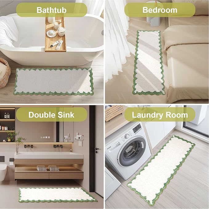 ORTIGIA Long Cute Scalloped Bathroom Rugs Runner, Fun Green Plush Microfiber Scallop Bath Mats Non Slip Washable Quick Dry Absorbent, Rug Carpet for Bathtub Sink Laundry Room Bedroom, 24x59