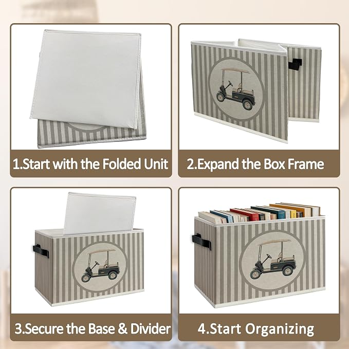 Vintage Golf Nursery Storage Bins Box with Handles, Golfing Sports Decor for Boys, Striped Golf Cart Aesthetic Collapsible Organizer Basket for Nursery Room Bedroom Playroom Toys Books