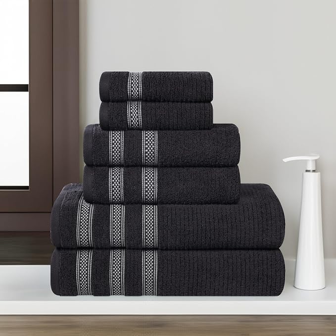 Superior Cotton 6-Piece Towel Set, Zero Twist, Ribbed Geometric, Bathroom Essentials, Shower, Spa, Luxury Plush Soft Absorbent Towels, Includes 2 Bath, 2 Hand, 2 Washcloth/Face Towels, Black