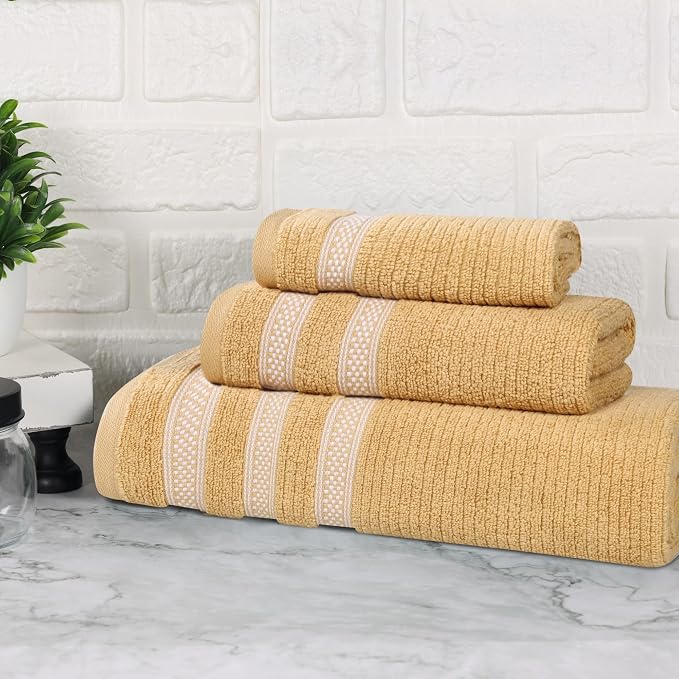 Superior Cotton 3-Piece Towel Set, Zero Twist, Ribbed Geometric, Bathroom Essentials, Shower, Spa, Luxury Plush Soft Absorbent Towels, Includes 1 Bath, 1 Hand, 1 Washcloth/Face Towel, Gold