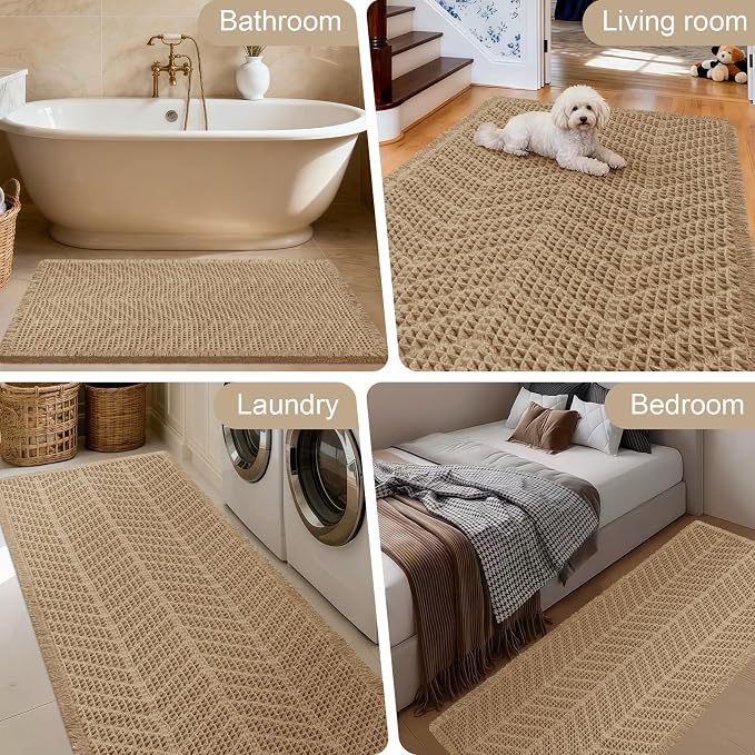 Upgraded Waffle Bath Mat Set 2 Piece Beige-Herringbone, Super Absorbent Non-Slip Quick Dry Bathroom Rugs with Tassels, Machine Washable Ultra Soft Boho Bath Rugs, Toilet Mats Boho Farmhouse Decor
