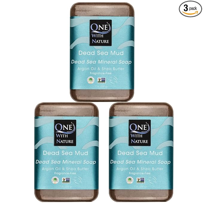 One With Nature Dead Sea Mineral Mud Soap Bar, 7 oz, Fragrance Free, Shea Butter, Argan Oil, Magnesium, Sulfur, 21 Minerals, Soothes Skin, Exfoliates