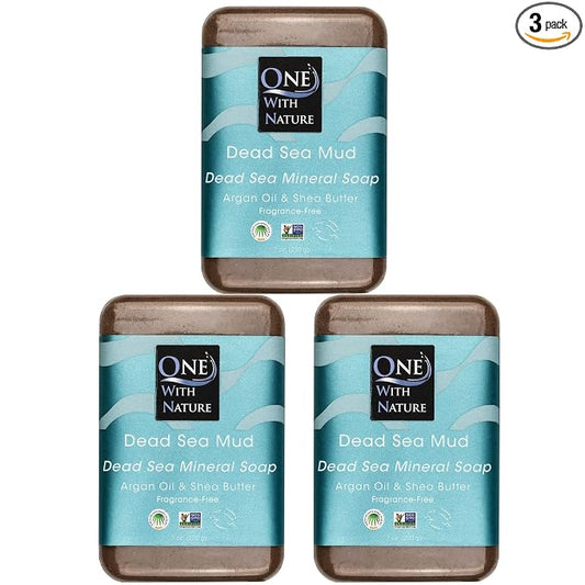 One With Nature Dead Sea Mineral Mud Soap Bar, 7 oz, Fragrance Free, Shea Butter, Argan Oil, Magnesium, Sulfur, 21 Minerals, Soothes Skin, Exfoliates
