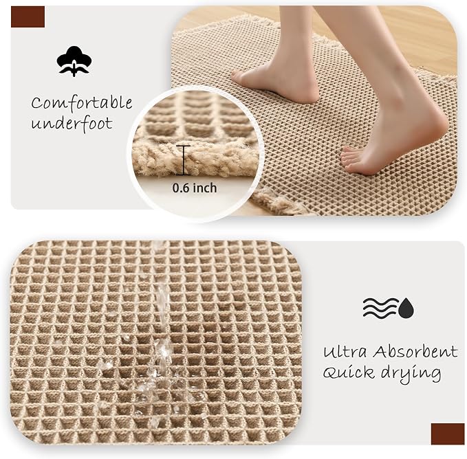 DWCN Set of 2 Waffle Boho Bathroom Mats, Non Slip Bath Rug Set for Bathroom Floor, Super Absorbent Shower Mats for Tub, Washable Kitchen Rugs for Farmhouse Home Decor, 16" x 24" Plus 24" x 48", Brown