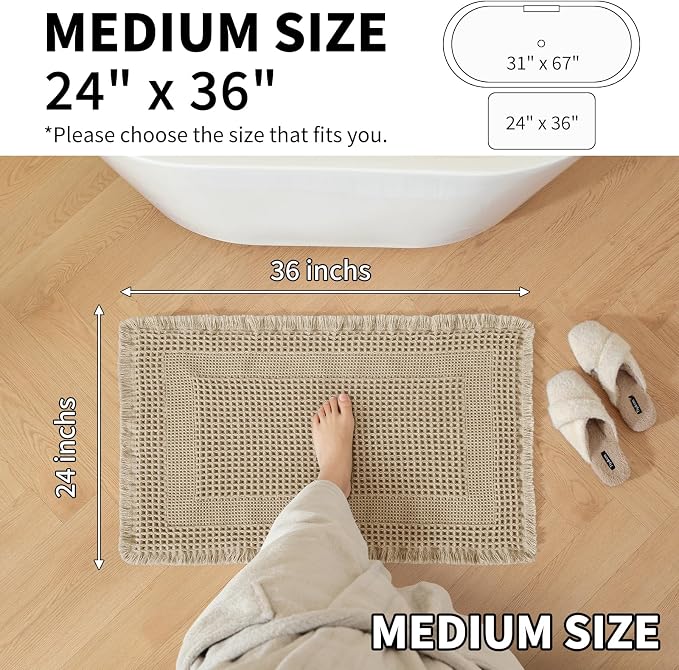 Waffle Bath Mat - Super Water Absorbing Bath Mat Quick Dry, Bathroom Rugs Non Slip Washable with Tassels, Rubber Backed Bathroom Mat for Bathroom Floor, Tub and Shower, 24" x 36", Brown