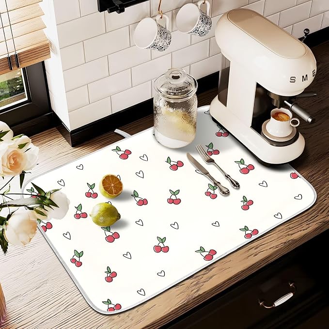 Cute Cherry Heart Pattern Dish Drying Mat, Absorbent Drainer Mats for Kitchen Counter Coffee Maker 18"x16"