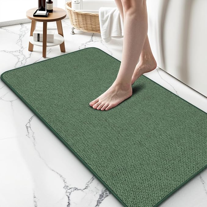 Upgraded Bath Mat 19x30Inch, Thin Bath Mats Rugs with Rubber Backing Non-Slip, Absorbent,Quick Dry Machine Washable, Home Decor Accessories Cozy Cloth Bathroom Rugs fit Under Door/Sink/Tub-Green