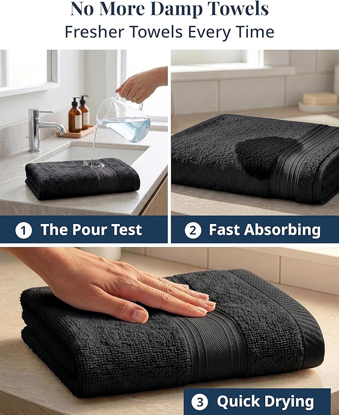 Black Hand Towels for Bathroom - 6 Pack (16"x28"), 100% Ringspun Cotton Hand & Face Towel - Soft, Prevent Fraying, Fade and Shrink Resistant - Daily Use Gym Towels for Men & Family Bathroom Hand Towel