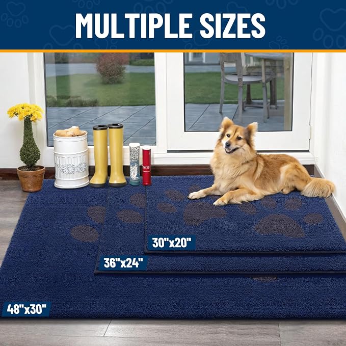 Smiry Dog Door Mat for Muddy Paws, Absorbs Moisture and Dirt, Low-Profile Entryway Mat with Non-Slip Backing, Entry Indoor Outdoor Doormat for Inside Floor (40x32 Inches, Navy Blue, Paw)