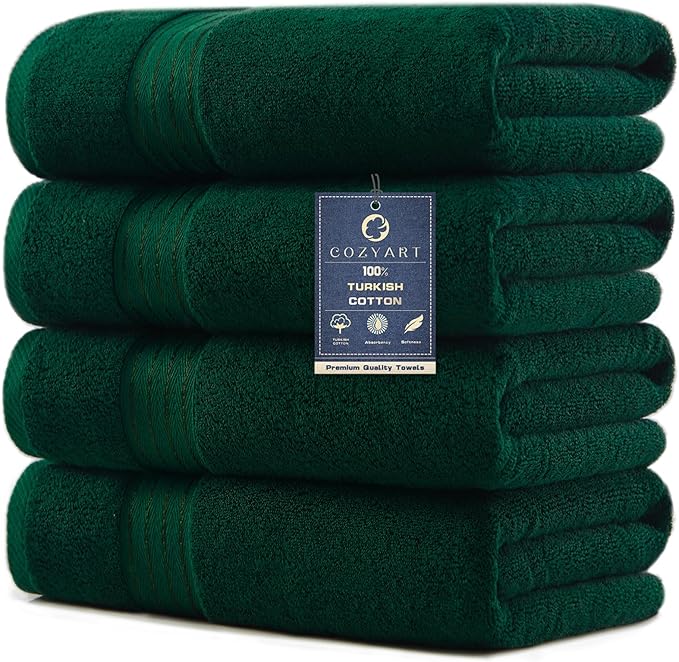 COZYART Luxury Bath Towels 4 PCS, 27x54 650 GSM Turkish Cotton, Dark Green | Zero Twist 100% Ring Spun Cotton, Fluffy, Ultra Soft, Super Absorbent, Quick Dry, Large Towels for Hotel Spa Bathroom Shower