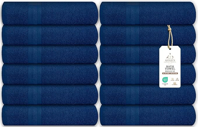 Bath Towels Bulk Set of 12 – 24" x 48" – 100% Cotton Terry, Soft, Quick-Dry & Highly Absorbent – Navy Blue Towels for Bathroom, Spa, Gym, Hotel, Pool & Everyday Use