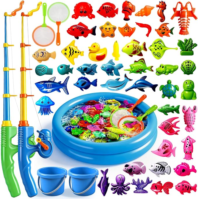 CozyBomB™ Magnetic Fishing Toys Game Set for Kids | Water Table Bathtub Kiddie Pool Party Pole Rod Net, Outdoor Plastic Floating Fish, Toddler Bath Color Ocean Sea Animals Birthday Gift Age 3-5 6 4-8