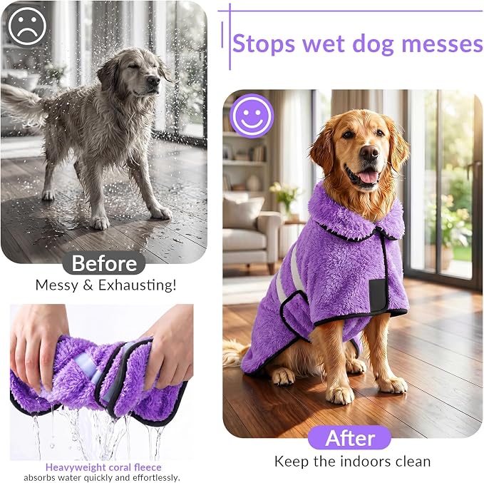 Bienbee Dog Bathrobe, Quick Drying Super Absorbent Pet Robes for Small Medium Large Dogs, Drying Coat for After Bath & Swim, Warm & Cozy Dogs Towels, Dog Puppy Bath Supplies, Ligh Purple L