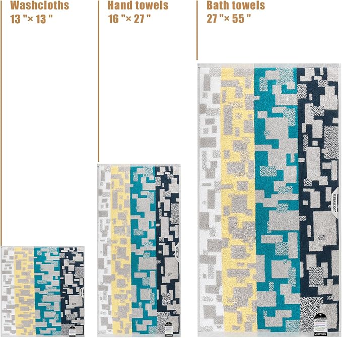 SEMAXE 18-Piece Cotton Bath Towel Set for Bathroom, Geometric Pattern | Stock-up towel set for family bathrooms, guest baths, multi-bath homes, and wash-day rotation, OEKO-TEX certified, easy care