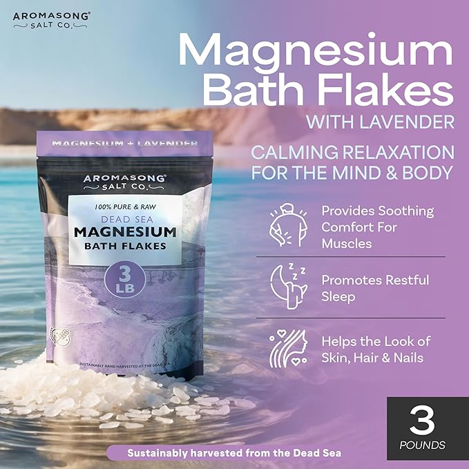 Aromasong RAW Magnesium Bath Flakes with 100% Natural Lavender, 3 LB Muscle Relaxing Organic Salts Mg Chloride, Mineral Soak. (Packaging May Vary)