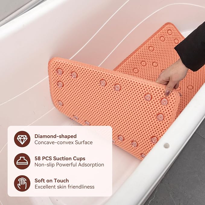 Bathtub Mat Non Slip, Soft Foam Bath Mat for Tub, Bathtub Mat with Drain Holes, Suction Cups Shower Mat (Orange, 36''X17'')