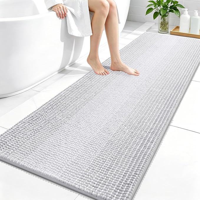 OLANLY Bathroom Runner Rugs 59x24, Extra Soft Absorbent Chenille Striped Bath Rugs, Rubber Backing, Machine Wash Dry, Long Bath Mats for Bathroom, Tub, Shower, Home Decor Accessories, Light Grey