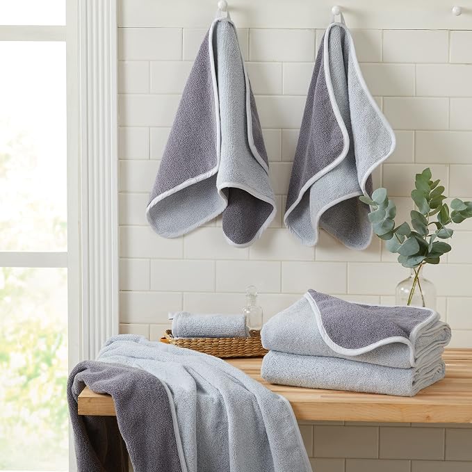 Great Bay Home 100% Cotton Reversible Two-Toned Bathroom Towels. Absorbent Quick-Dry Plush Bath Towels. Vanessa Collection (Hand Towel (4-Pack), Grey/Charcoal)