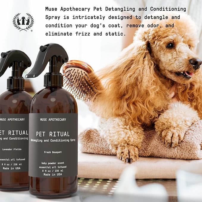 Muse Apothecary Pet Ritual Detangling Spray for Dogs & Cats, Pet Detangler Spray for Dogs, Dog Detangler Spray Dematting Conditioner, Dog Detangling Spray, Essential Oils Infused, 8oz Fresh Bouquet