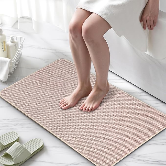 Upgraded Bath Mat 17x27Inch, Thin Bath Mats Rugs with Rubber Backing Non-Slip, Absorbent,Quick Dry Machine Washable, Home Decor Accessories Cozy Cloth Bathroom Rugs fit Under Door/Sink/Tub-Biege