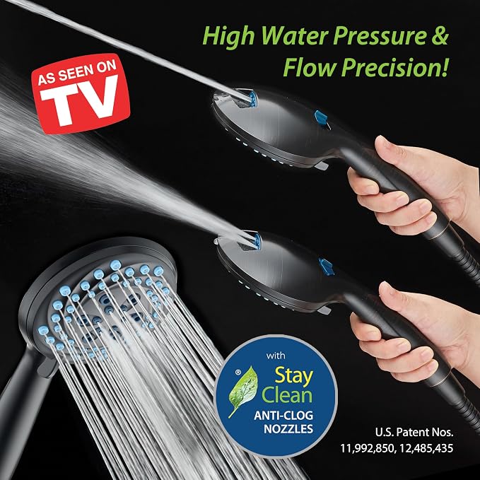 AquaCare Seen-On-TV High Pressure 8-mode Handheld Shower Head - 2-mode Power Wash to Clean Tub, Tile & Pets, Stay-Clean Nozzles, Extra Long 6 ft. Stainless Steel Hose, Wall & Overhead Brackets, Black