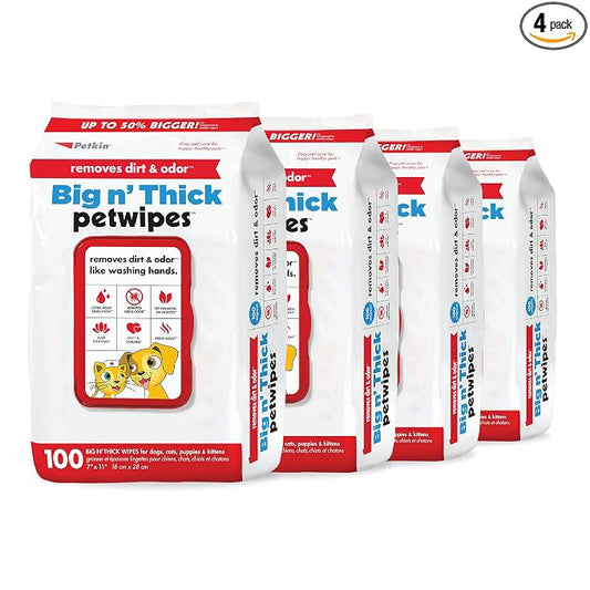 Petkin Pet Wipes for Dogs and Cats - 400 Large Wipes - Removes Dirt & Odor - Cleans Ears, Face, Butt, Eye Area - Convenient for Home or Travel - 4 Packs