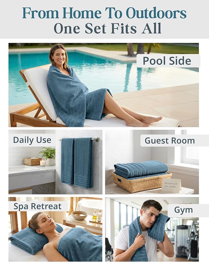 Casa Platino 100% Cotton 4 Pack Bath Towels (30"x60") - Ring Spun Mercerized Cotton Bathroom Towels Set - Quick Dry, Soft & Absorbent Large Bath Towels - Machine Wash in Cold Water - Steel Blue