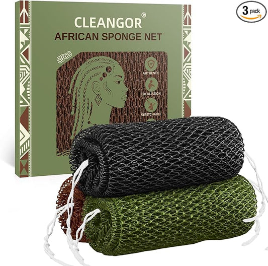 Cleangor 3Pcs African Net Sponge Authentic with Knots - Exfoliating Body | Scrubber for All Skin Types, African Bath Sponge, Wash Cloth, Gentle Exfoliation Shower Rag for Women Daily Use