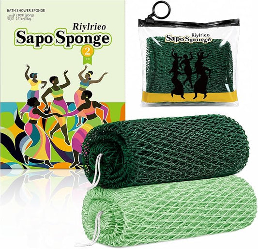 African Net Sponge for Shower, 2PCS Exfoliating Shower Sponge with Waterproof Travel Bag, Quick-Drying African Wash Cloth for Deep Cleansing & Smooth Skin (Mint Green & Forest Green)