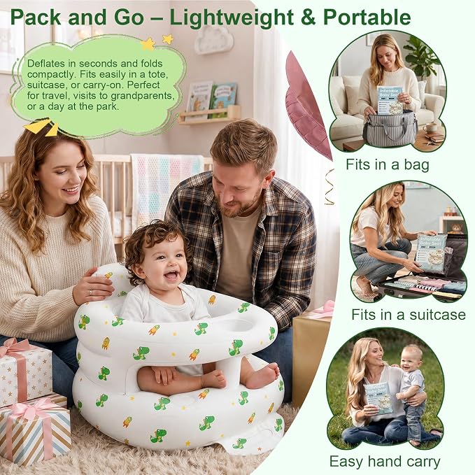 Inflatable Baby Seat for Babies 3-36 Months, Baby Chair with Fence & Built in Air Pump, Blow Up Floor Seat with Back Support, Inflatable Infant Chair Sit Me Up for Home, Travel Green Dinosaur