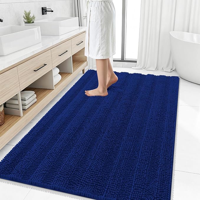 Smiry Thick Chenille Large Bathroom Rugs 59x35, Extra Soft Absorbent Striped Bath Mat, Machine Washable, Rubber Backing, Bath Rugs for Bathroom, Tub & Shower, Home Decor Accessories, Navy