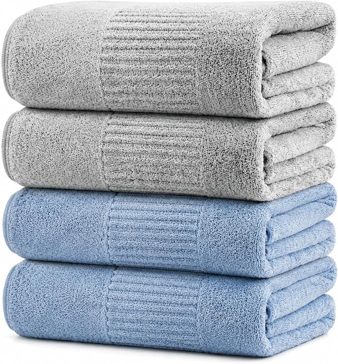 SEISSO 4 Pack Extra Large Bath Towels 63"x35", Bath Sheets for Sensitive Skin 70% Polyester 30% Viscose Fiber from Bamboo, Super Soft, Highly Absorbent & Quick Dry, Oversized (4, Light Blue+Grey)