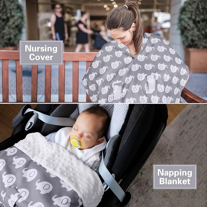 Rquite Car Seat Cover Baby, Carseat Covers for Boy Girl, Minky Infant Car Seat Cover Winter, Peekaboo Opening Car Seat Canopy, Multiuse Baby Carrier, Stroller, Nursing Cover, Minky Blanket, Elephant