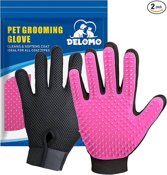 DELOMO Pet Grooming Gloves, Upgrade Version with Enhanced 255 Silicone Grooming Tips, Hair Remover Mittens for Dogs & Cats, Bath Brush, 1 Pair (Pink)