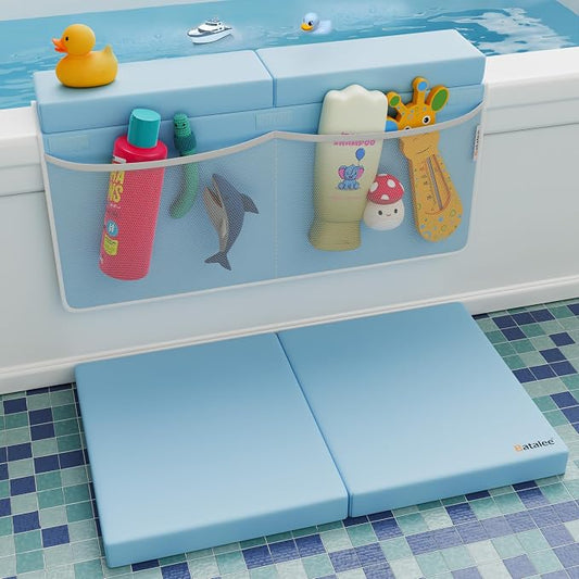 Bath Kneeler and Elbow Rest Pad Set - Baby Bath Kneeler, Bathtub Kneeling Pad, Kneeling Pad for Bathing Baby, Knee & Elbow Saver with 4 Toy Organizer Pockets, (Blue, Large (22 Inches × 13 Inches))