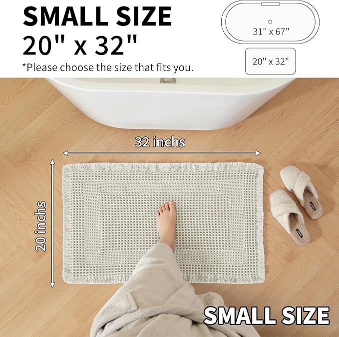 Waffle Bath Mat - Super Water Absorbing Bath Mat Quick Dry, Bathroom Rugs Non Slip Washable with Tassels, Rubber Backed Bathroom Mat for Bathroom Floor, Tub and Shower, 20" x 32", Off-White