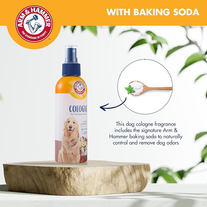 Arm & Hammer for Pets Dog Cologne and Fragrance Spray, Baking Soda, Vanilla Sandalwood Scent, Deodorizing Dog Perfume for Between-Bath Freshening, Paraben Free, 6 Fl Oz