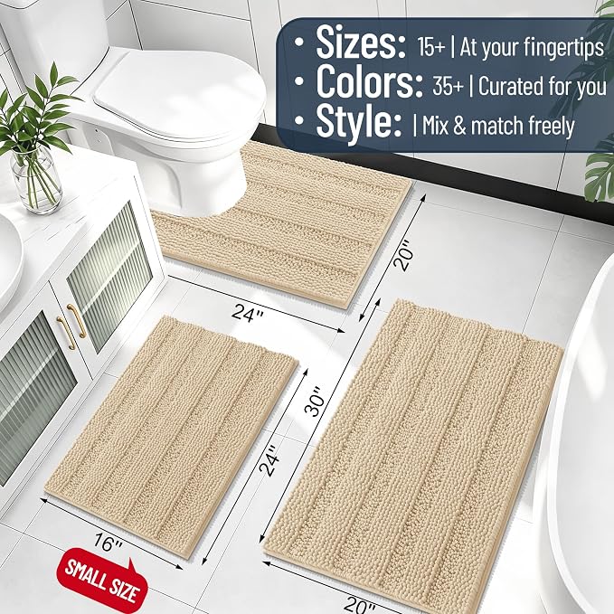 Smiry Thick Chenille Large Bathroom Rugs 50x30, Extra Soft Absorbent Striped Bath Mat, Machine Washable, Rubber Backing, Bath Rugs for Bathroom, Tub & Shower, Home Decor Accessories, Beige