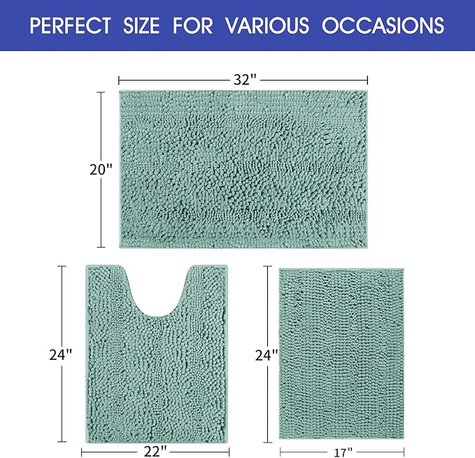 Christmas Striped Eggshell Blue Bathroom Rug Set 3 Pieces Ultra Soft, Non Slip Chenille Bath Carpet, Absorbent Plush Shaggy Bath Mats for Bathroom, Toilet, Bedroom, Kitchen