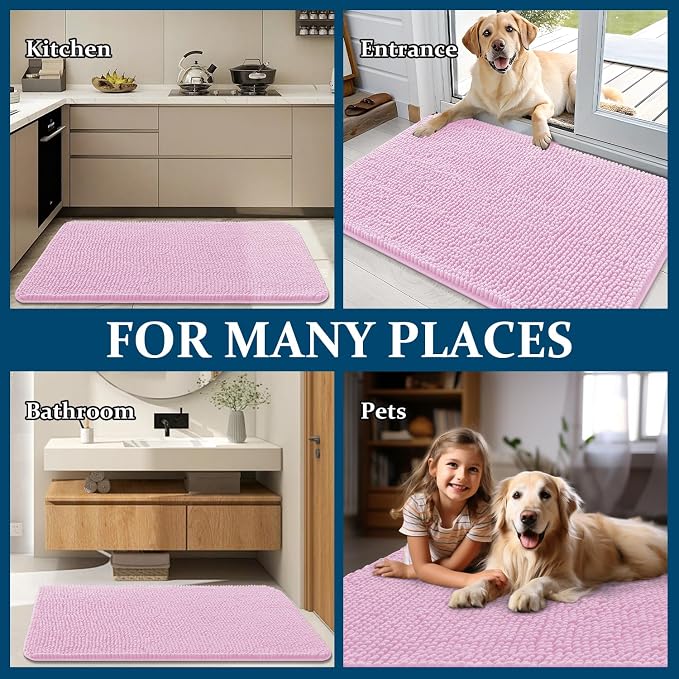 OLANLY Dog Door Mat for Muddy Paws 70x32, Absorbs Moisture and Dirt, Absorbent Non-Slip Washable Doormat, Quick Dry Chenille Mud Mat for Dogs, Entry Indoor Entryway Carpet for Inside Floor, Pink