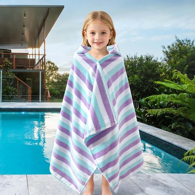 VOOVA & MOVAS Kids Hooded Bath Towels(3-6Years),Absorbent Quick Dry Lightweight Hooded Cotton Towel for Pool | Swim | Beach | Bath, Boys Wrap Towel with Hood, Aqua Purple Stripe
