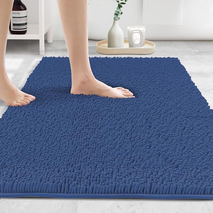 Standard 3pc Set Chenille Bath Mats, Includes 21"x24" U-Shaped Contour Toilet Rug, 21"x34" Inches Bathmat and 1 Toilet Lid Cover, Plush Absorbent Bath Mats Quick Dry, Dark Blue