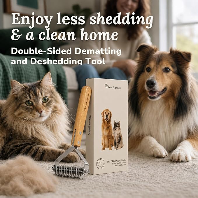 Dematting and Deshedding Comb for Dogs and Cats, 2-Sided Undercoat Rake | for medium to long coats to loosen mats and remove loose undercoat hair