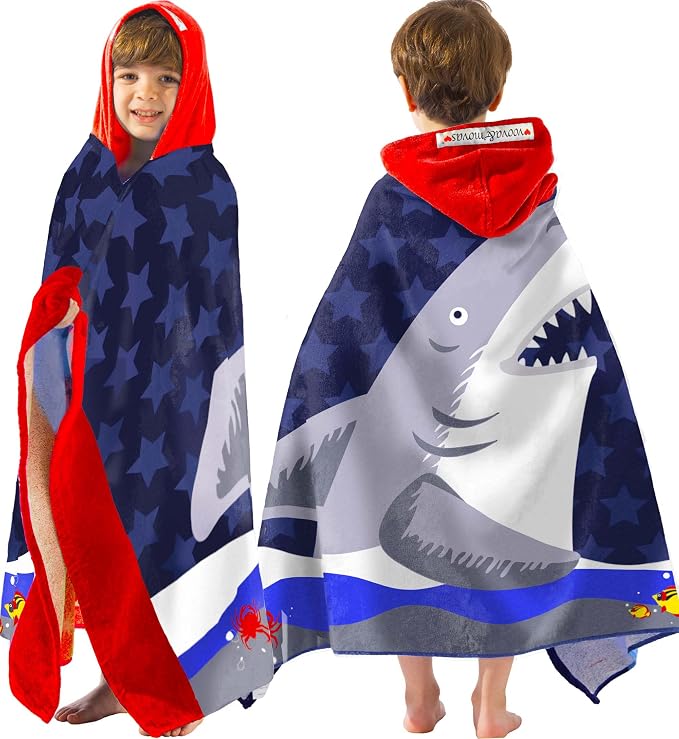 VOOVA & MOVAS Toddler Bath Towels Age 3-8,30''X50, Soft | Thick | Cotton | Oversized Absorbent - Beach | Bath | Pool | Swim Towels for Boys and Girls | Big White Shark
