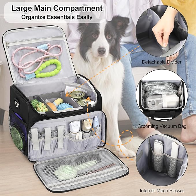 Dog Grooming Vacuum Bag, Pet Grooming Bag Extra Large Dog Grooming Storage Bag with Compartments Professional Travel Animal Groomer's Tool kit Bags for Supplies - for Dogs, Cat & Pet Groomers( Black)
