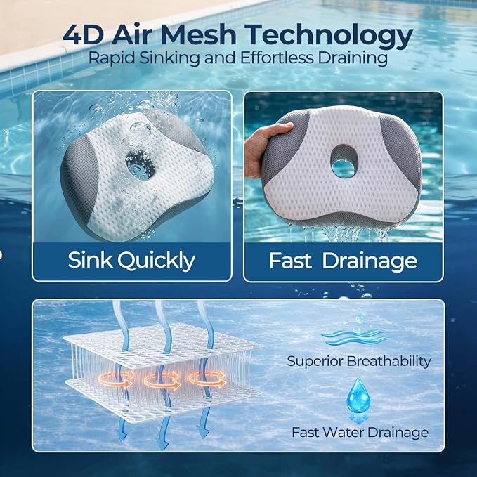 Idle Hippo Hot Tub Booster Seat, 4D Air Mesh Hot Tub Pillow with Powerful 6 Non-Slip Suction Cups, Ergonomic Booster Cushion, Quick Dry Spa Pillow for Indoor Outdoor Hot Tub-White/Grey