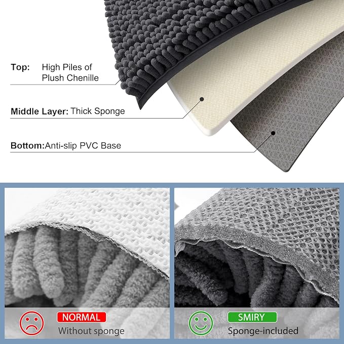 Smiry Luxury Chenille Bathroom Rugs 71x47, Extra Soft and Absorbent Shaggy Bath Mat, Machine Washable, Non-Slip Plush Carpet Runner for Tub, Shower, and Floor, Home Decor Accessories, Charcoal Grey